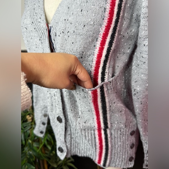 NEW THOM BROWNE Cotton V-Neck Speckled Grey Cardigan Sz Small - Picture 5 of 11